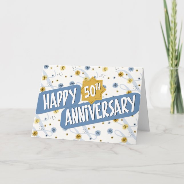 Employee Anniversary 50 Years Blue White Pattern Card (Front)