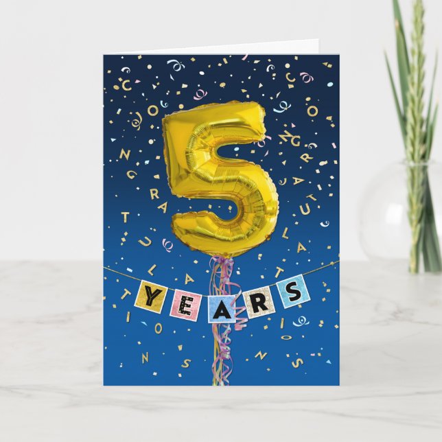 Employee Anniversary 5 Years - Gold Balloons Card (Front)