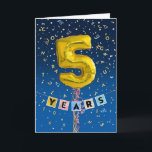 Employee Anniversary 5 Years - Gold Balloons Card<br><div class="desc">This is a colourful employee 5th anniversary card design, full of celebratory fun. The design features a number 5 gold balloon with flowing curly ribbons attached, set against a blue background sprinkled with falling confetti. There are also some confetti letters, with gold foil effect overlay, where the letters are those...</div>
