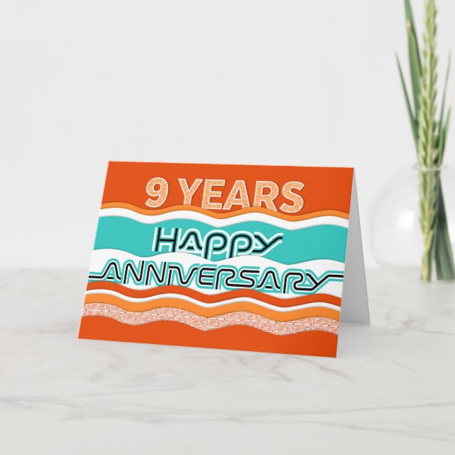 Employee Anniversary 9 Years Colourful Waves Card (Front)