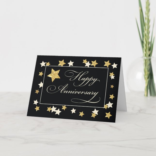 Employee Anniversary Black Gold Effect Stars Card (Front)