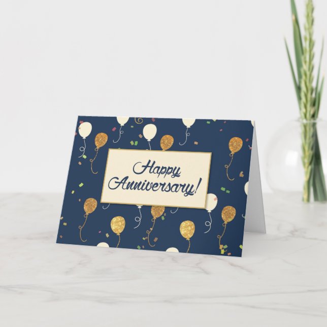 Employee Anniversary Gold Look Balloons Navy Blue Card (Front)