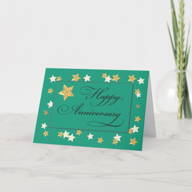 Employee Anniversary Green Gold Effect Stars Card (Front)