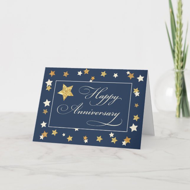 Employee Anniversary Navy Gold Effect Stars Card (Front)