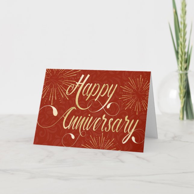Employee Anniversary Swirly Text Star Bursts Red Card (Front)
