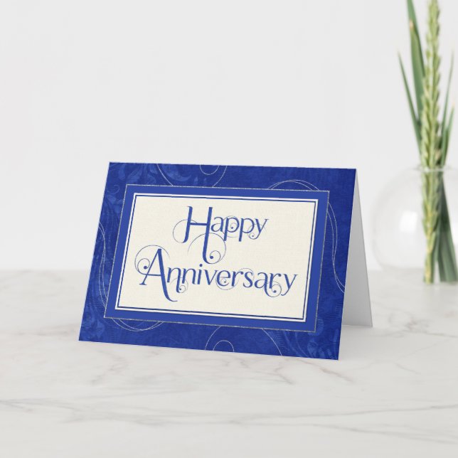 Employee Anniversary - Text Swirls Damask - Blue Card (Front)
