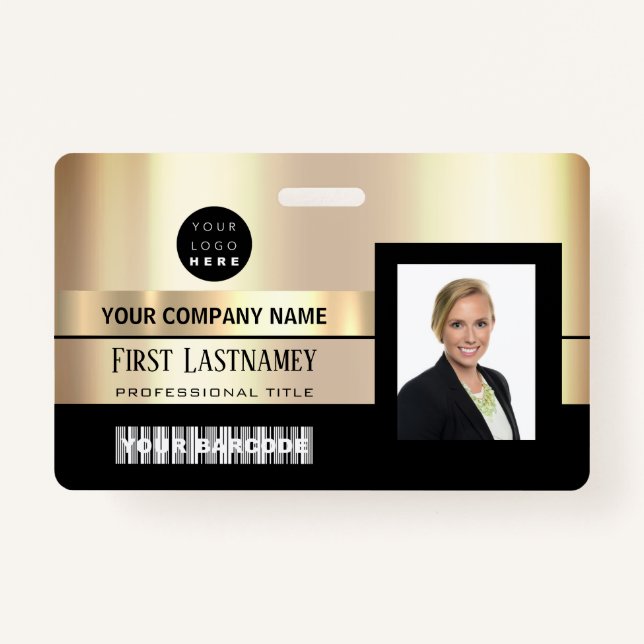 Employee Barcode Logo Name Scanner Black Gold VIP ID Badge (Front)