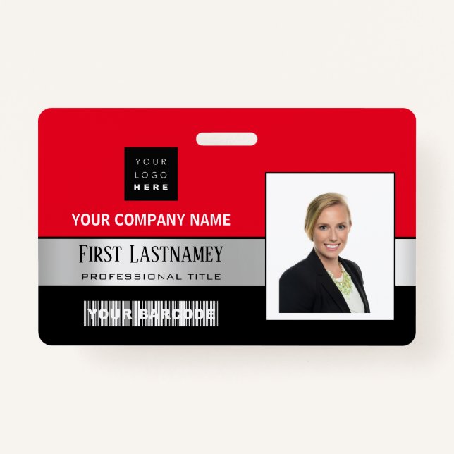 Employee Barcode Logo Name Scanner Black Red ID Badge (Front)