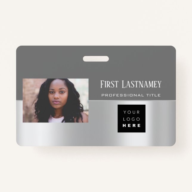 Employee Barcode Logo Name Scanner  Grey Black ID Badge (Front)