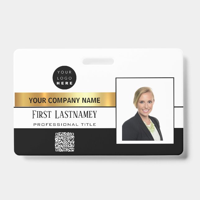 Employee Barcode Logo Name Scanner Stripe Gold ID Badge (Front)