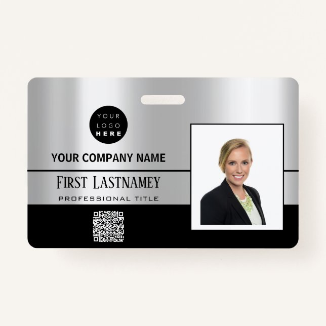 Employee Barcode Logo Name Scanner Stripe Grey ID Badge (Front)