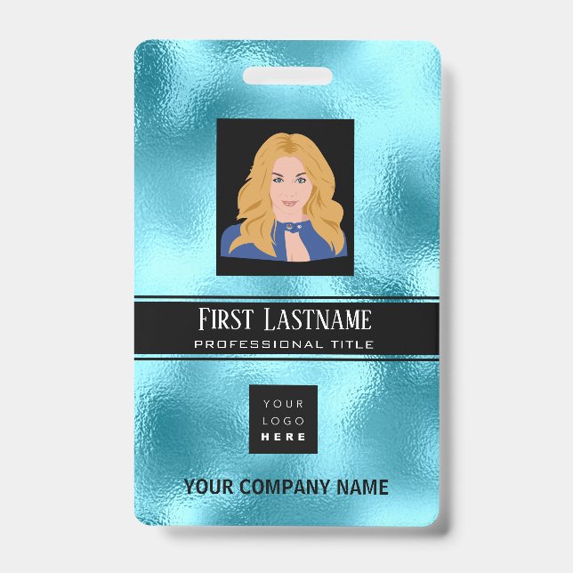 Employee Barcode Logo Name Scanner  Vertical Blue ID Badge (Front)