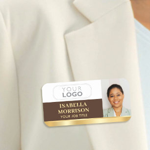 Employee Business Logo ID Photo Brown Gold Name Tag