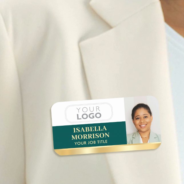 Employee Business Logo ID Photo Green Gold  Name Tag (Creator Uploaded)