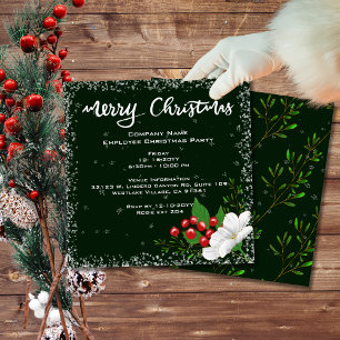Employee Christmas Dark Green Red Berries Snow  Invitation