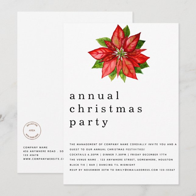 Employee Christmas Party Poinsettia Business Logo Invitation (Front/Back)