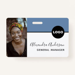 Employee Company ID Photo Logo QR Code Denim Blue ID Badge