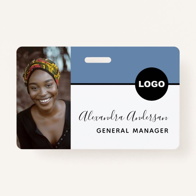 Employee Company ID Photo Logo QR Code Denim Blue ID Badge (Front)