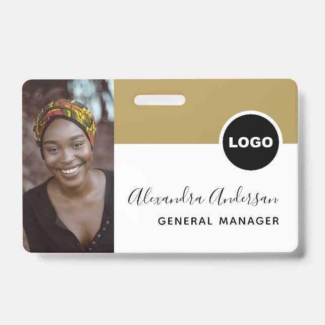 Employee Company ID Photo Logo QR Code Gold Black Badge (Front)