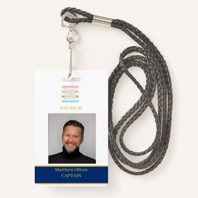 Employee Custom White Navy Photo Logo  ID Badge (Front with Lanyard)