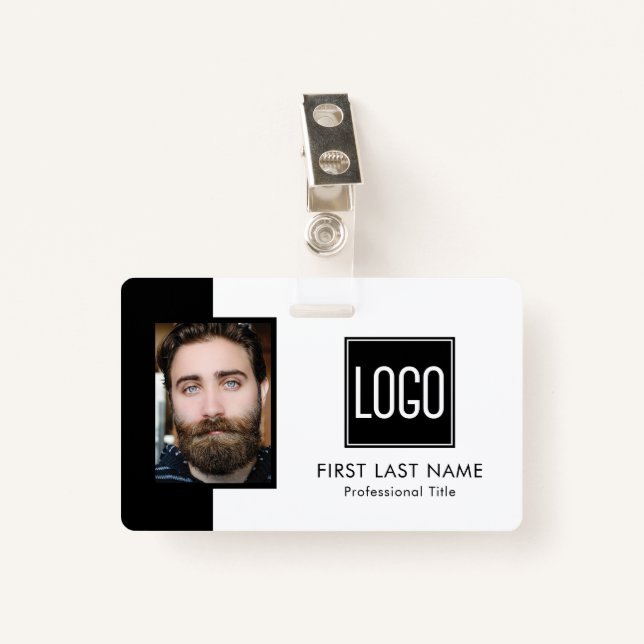 Employee ID | Black White Logo Photo ID Badge (Front with Clip)