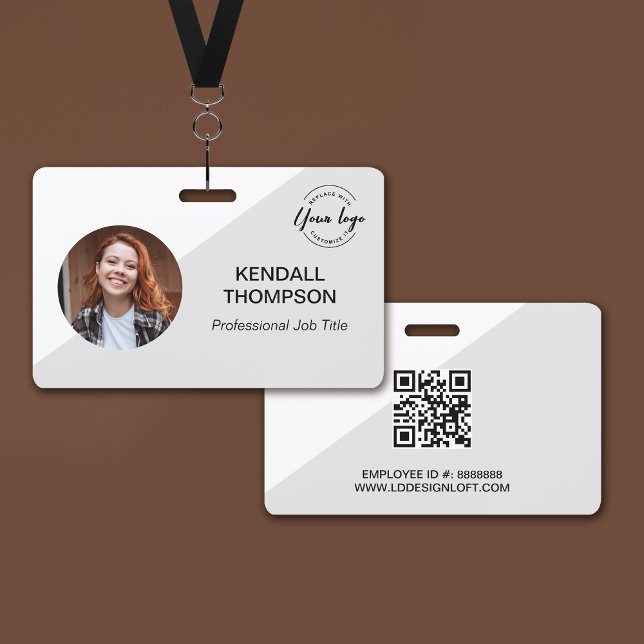 Employee ID minimalist Grey Custom logo QR code Badge (Photo ID name badge with business logo, name, title, qr code, employee number and website)