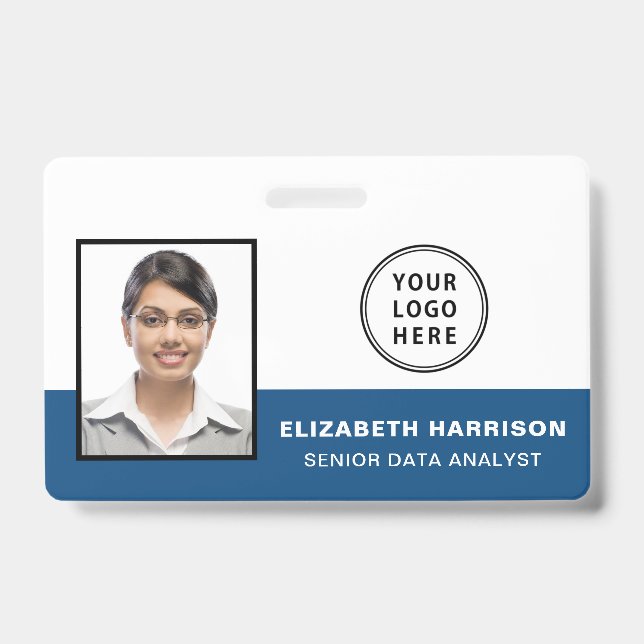 Employee ID Photo Logo Barcode Blue Badge (Front)