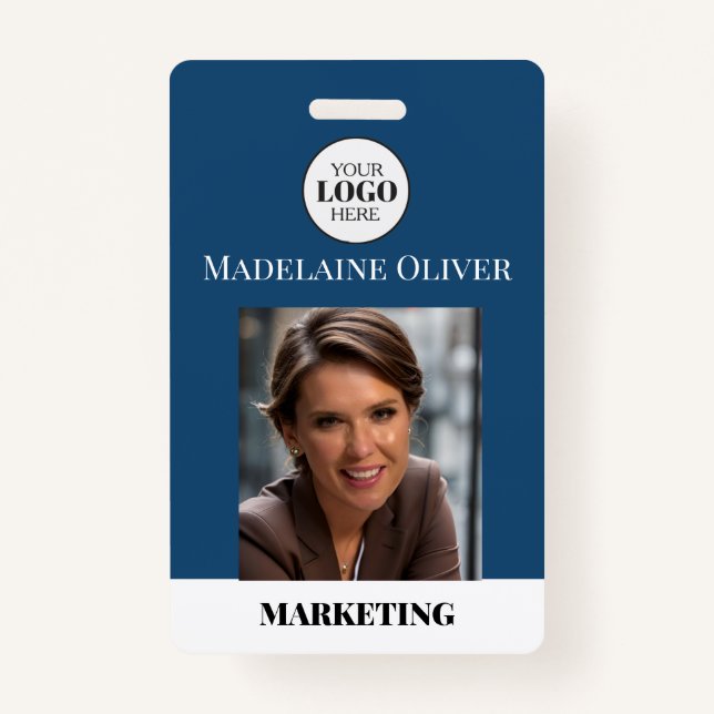 Employee ID Photo QR Code Blue Logo Badge ID Badge (Front)