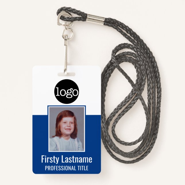 Employee ID - Photo, QR Code, Logo, Name Blue Badg ID Badge (Front with Lanyard)