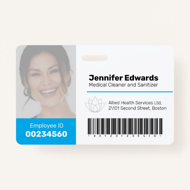 Employee large photo ID and barcode blue ID Badge (Front)