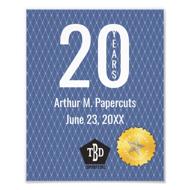 Employee milestone anniversary 20 year certificate photo print (Front)