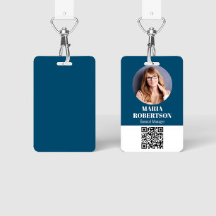 Employee Name Badge Minimalist Photo QR Code Blue ID Badge