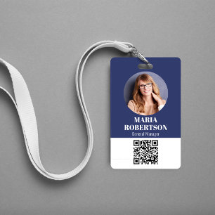 Employee Name Badge Minimalist Photo QR Code Blue ID Badge