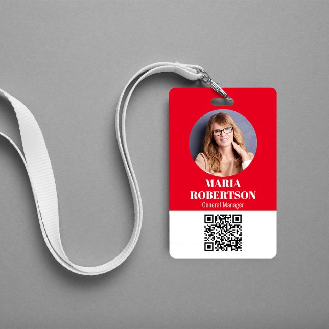 Employee Name Badge Minimalist Photo QR Code Red ID Badge (Simple business ID badge with a scannable QR code. )