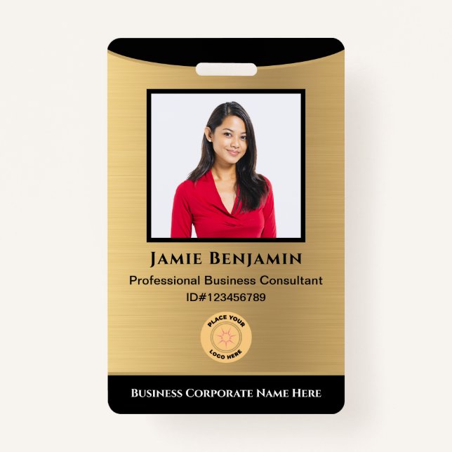 Employee Name Photo Bar Code Logo Gold Black ID Badge (Front)
