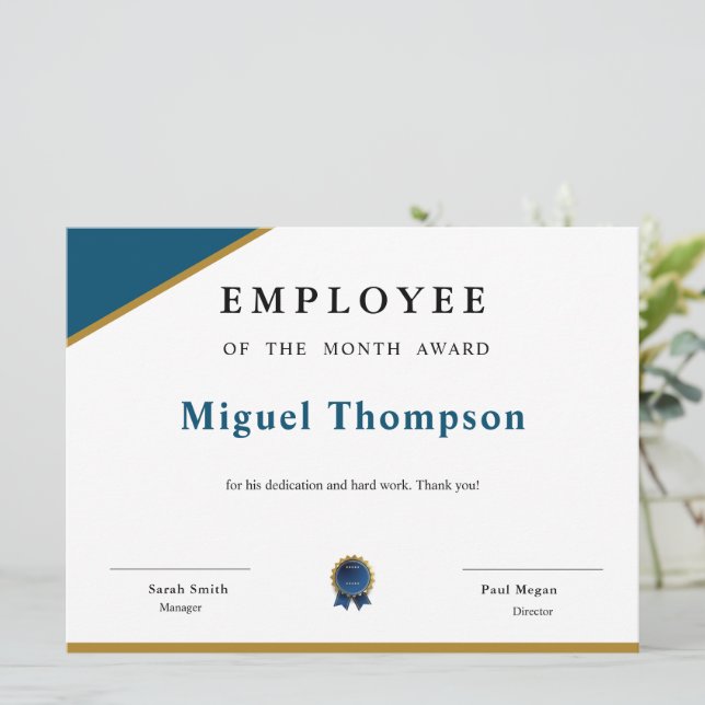 Employee of the month award certificate card (Standing Front)