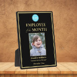 Employee of the Month Company Logo Photo Gold Plaque<br><div class="desc">Create your own custom, personalised, beautiful, elegant, professional, UV resistant gloss coating, black and faux gold, hardboard panel display plaque with attached easel stand, business office corporate employee recognition / appreciation, photo name logo award plaque. To personalise, enter the name of the employee / staff / executive, their designation, month...</div>