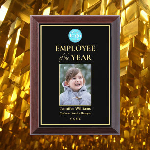 Employee of the Year Company Logo Photo Black Gold Award Plaque