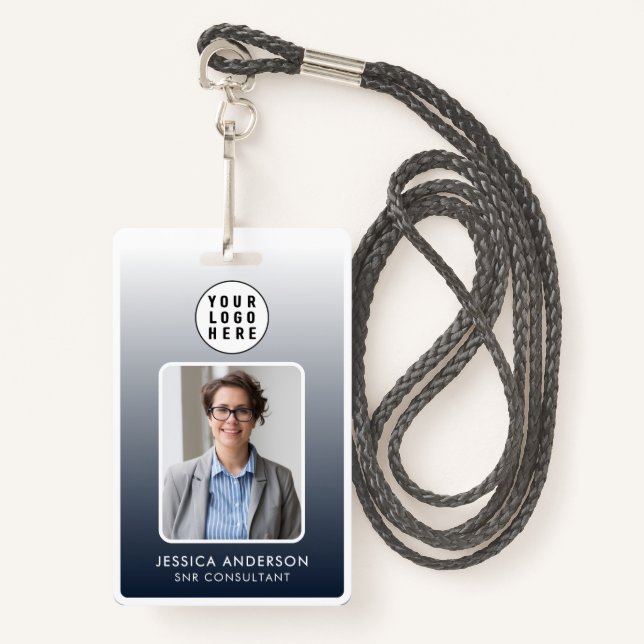 Employee Pass Photo Logo | Navy Blue Gradient  ID Badge (Front with Lanyard)