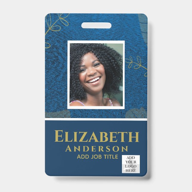 EMPLOYEE PHOTO BADGE QR Code Barcode Blue Gold ID Badge (Front)