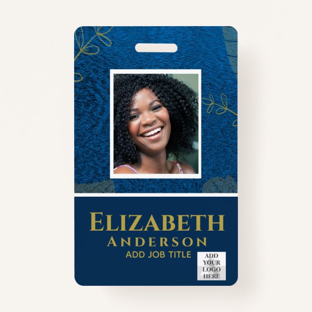 EMPLOYEE PHOTO BADGE QR Code Barcode Blue Gold ID Badge (Front)