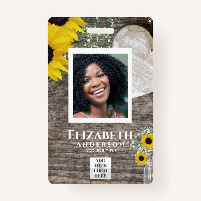EMPLOYEE PHOTO BADGE QR Code Barcode Sunflowers ID Badge (Front)