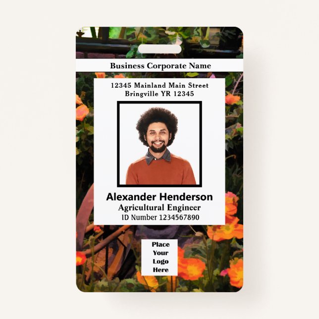 Employee Photo Bar Code Logo Name Flowers ID Badge (Front)