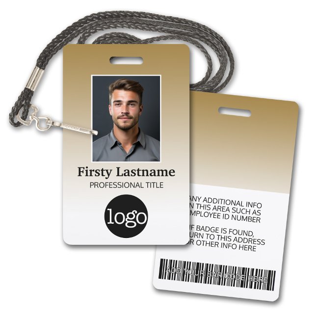 Employee - Photo, Bar Code, Logo, Name Gradient ID Badge (Employee Badge with Gradient Background. Add a photo and logo to this name tag with gold accents.)