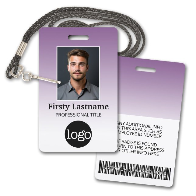 Employee - Photo, Bar Code, Logo, Name Gradient ID Badge (Employee Badge with Gradient Background. Add a photo and logo to this name tag with purple accents.)