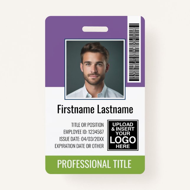 Employee - Photo, Bar Code, Logo Name Purple Green ID Badge (Front)