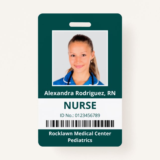 Employee Photo Barcode Blue-Green White Medical ID ID Badge (Front)