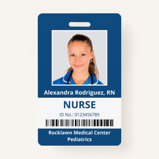 Employee Photo Barcode Blue White Medical ID ID Badge (Front)
