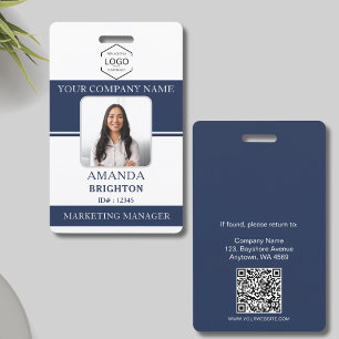 Employee Photo Business Logo QR Code Blue White ID Badge