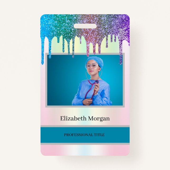 Employee Photo Holographic Glitter Drips ID Badge (Front)